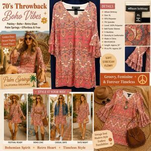 Allison Brittney XL Paisley Boho Bell Sleeve Shift Dress Retro Festival Hippie